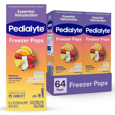 Pedialyte Essential Rehydration Electrolyte Freezer Pops, Dye-Free Hydration, Tropical Variety Pack for Kids & Adults, Pack of 64 in Kuwait