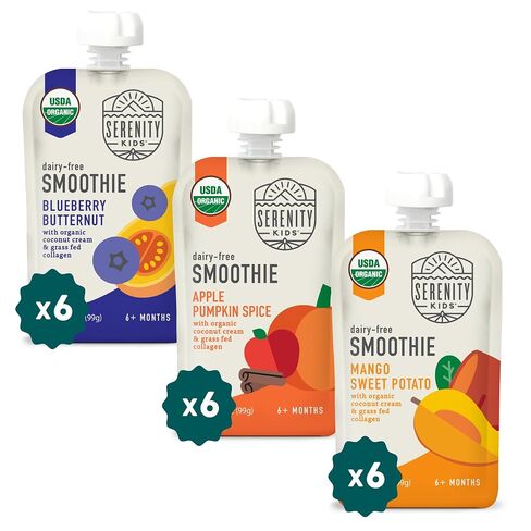 Serenity Kids 6+ Months Dairy Free Smoothie Baby Food Pouches - Protein Snack Pouches with Grass-Fed Collagen & Healthy Fats - USDA Organic Baby Food with No Added Sweeteners - 3.5 Fl Oz, Pack of 18 in Kuwait