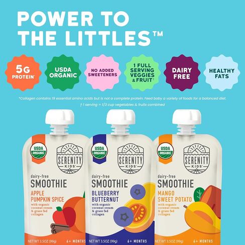 Serenity Kids 6+ Months Dairy Free Smoothie Baby Food Pouches - Protein Snack Pouches with Grass-Fed Collagen & Healthy Fats - USDA Organic Baby Food with No Added Sweeteners - 3.5 Fl Oz, Pack of 18 in Kuwait