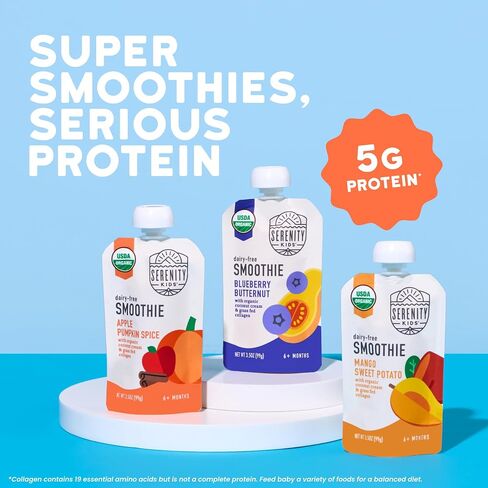Serenity Kids 6+ Months Dairy Free Smoothie Baby Food Pouches - Protein Snack Pouches with Grass-Fed Collagen & Healthy Fats - USDA Organic Baby Food with No Added Sweeteners - 3.5 Fl Oz, Pack of 18 in Kuwait