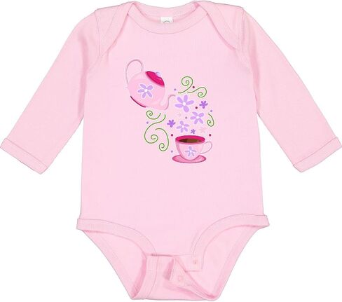 inktastic Tea Pot and Cup with Flowers Long Sleeve Creeper in Kuwait