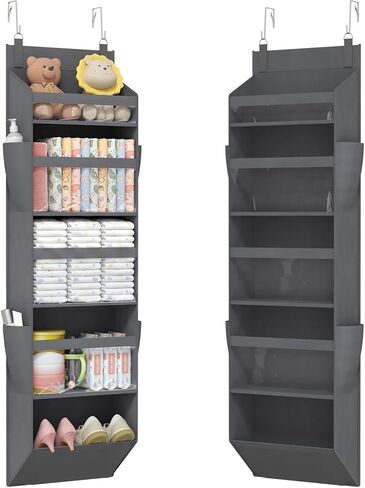 Lifewit 1 Pack Over the Door Organizer, 5 Section Clear Window Hanging Storage with 4 Side Pockets, Sturdy Anti Tilt 40 lbs Load Behind Door for Closet, Bedroom, Bathroom, Nursery, Dorm, Dark Gray in Kuwait