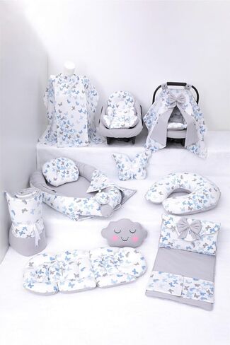 SODEF Nest Set with Stroller Cover | Includes Nursing Pillow, Changing Mat, Star & Cloud Pillows | 100% Cotton | Blue Butterfly - Mavi Kelebek T in Kuwait