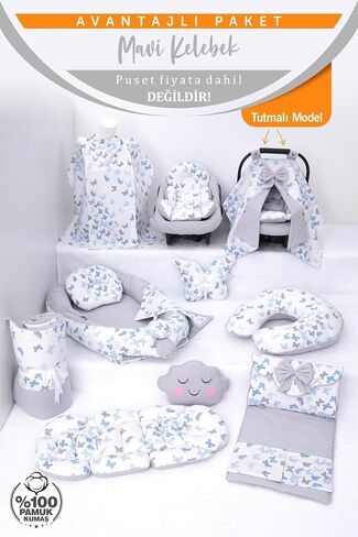 SODEF Nest Set with Stroller Cover | Includes Nursing Pillow, Changing Mat, Star & Cloud Pillows | 100% Cotton | Blue Butterfly - Mavi Kelebek T in Kuwait