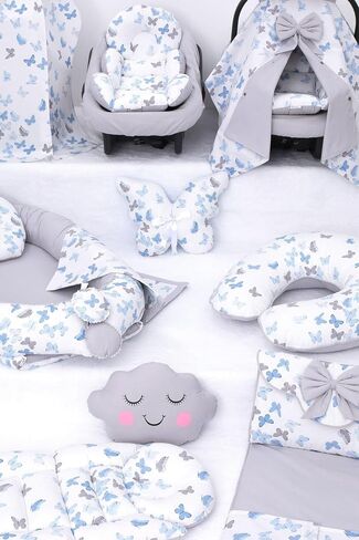 SODEF Nest Set with Stroller Cover | Includes Nursing Pillow, Changing Mat, Star & Cloud Pillows | 100% Cotton | Blue Butterfly - Mavi Kelebek T in Kuwait