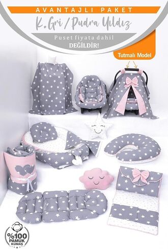 SODEF Nest Set with Pillow, Quilt, Star & Cloud Cushions, Stroller Cover, Nursing Pillow & More - Gray - Koyu Gri Pudra T in Kuwait