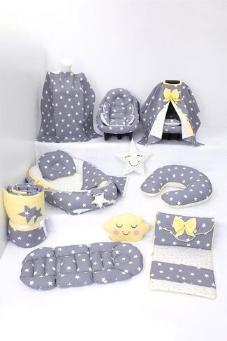 SODEF Nest Set with Stroller Cover, Changing Pad, Nursing Pillow, and More - 100% Cotton, Dark Gray Yellow Print, One Size - Dark Gray Yellow P in Kuwait
