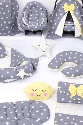 SODEF Nest Set with Stroller Cover, Changing Pad, Nursing Pillow, and More - 100% Cotton, Dark Gray Yellow Print, One Size - Dark Gray Yellow P in Kuwait