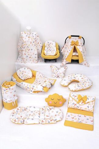 SODEF Nest Set 14 Pieces with Pram Cover, Nursing Pillow, Changing Pad, and Blanket - Mustard Butterfly Pattern - 100% Cotton - Mustard Butterfly Pattern in Kuwait