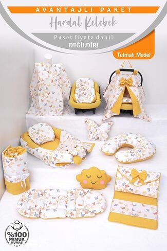 SODEF Nest Set 14 Pieces with Pram Cover, Nursing Pillow, Changing Pad, and Blanket - Mustard Butterfly Pattern - 100% Cotton - Mustard Butterfly Pattern in Kuwait