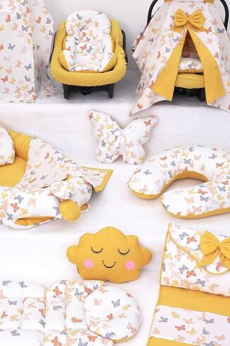 SODEF Nest Set 14 Pieces with Pram Cover, Nursing Pillow, Changing Pad, and Blanket - Mustard Butterfly Pattern - 100% Cotton - Mustard Butterfly Pattern in Kuwait