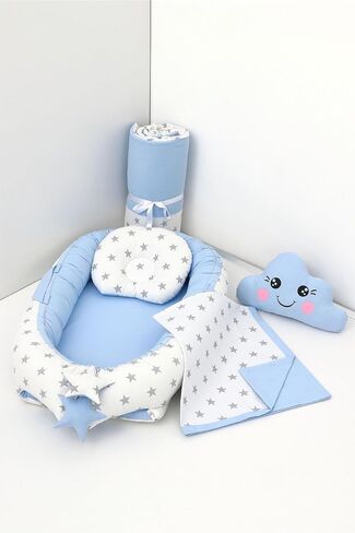 SODEF 5-Piece Nest Set with Pillow, Quilt, and Decorative Cloud Pillow - Cotton, 0-24 Months, Blue/White Star - Blue/White Star in Kuwait