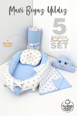 SODEF 5-Piece Nest Set with Pillow, Quilt, and Decorative Cloud Pillow - Cotton, 0-24 Months, Blue/White Star - Blue/White Star in Kuwait