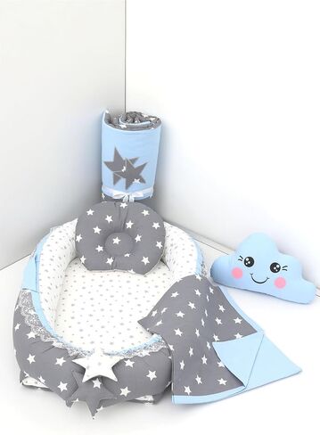 SODEF 5-Piece Nest Set with Pillow, Blanket, Quilt, and Cloud Pillow - Cotton, Dark Gray/Blue Pattern - Dark Gray/Blue in Kuwait