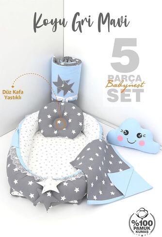 SODEF 5-Piece Nest Set with Pillow, Blanket, Quilt, and Cloud Pillow - Cotton, Dark Gray/Blue Pattern - Dark Gray/Blue in Kuwait