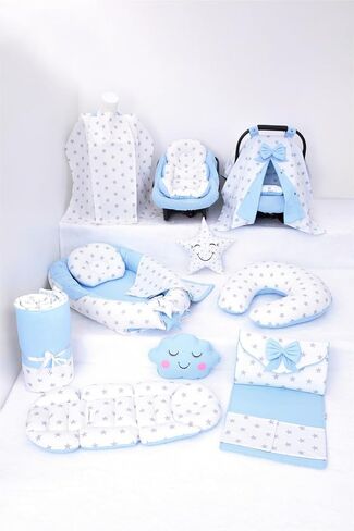 SODEF Nest Set with Pillow, Quilt, and Stroller Cover, 100% Cotton, 13 Pieces, Blue White T Pattern - Blue White T in Kuwait