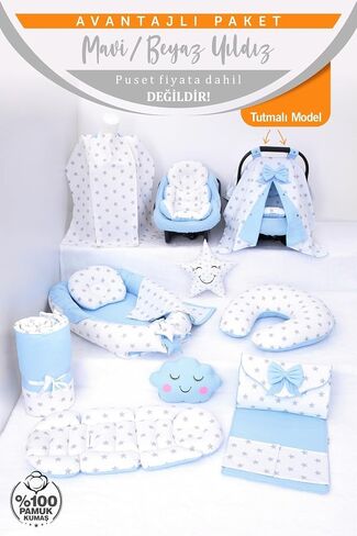 SODEF Nest Set with Pillow, Quilt, and Stroller Cover, 100% Cotton, 13 Pieces, Blue White T Pattern - Blue White T in Kuwait