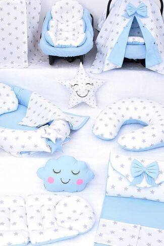 SODEF Nest Set with Pillow, Quilt, and Stroller Cover, 100% Cotton, 13 Pieces, Blue White T Pattern - Blue White T in Kuwait