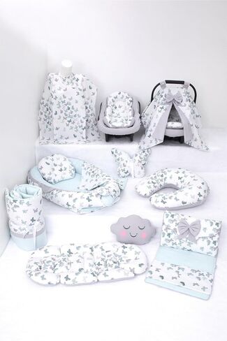 SODEF Nest Set with Pram Cover, Changing Mat, Nursing Pillow & More - 100% Cotton, Green Butterfly Design - Green Butterfly in Kuwait