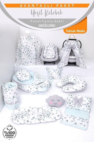 SODEF Nest Set with Pram Cover, Changing Mat, Nursing Pillow & More - 100% Cotton, Green Butterfly Design - Green Butterfly in Kuwait