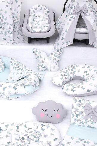 SODEF Nest Set with Pram Cover, Changing Mat, Nursing Pillow & More - 100% Cotton, Green Butterfly Design - Green Butterfly in Kuwait