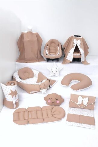 SODEF Nest Set | Pram Cover, Changing Mat, Nursing Pillow, Car Seat Cushion & More | 100% Cotton | Brown - Brown in Saudi Arabia