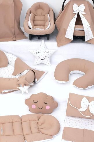 SODEF Nest Set | Pram Cover, Changing Mat, Nursing Pillow, Car Seat Cushion & More | 100% Cotton | Brown - Brown in Saudi Arabia