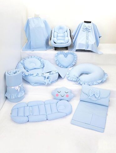 SODEF Nest Set 14 Pieces with Poncho Pram Cover, Nursing Pillow, Changing Pad - Blue Ruffled Heart - 100% Cotton - Blue Ruffled Heart in Kuwait