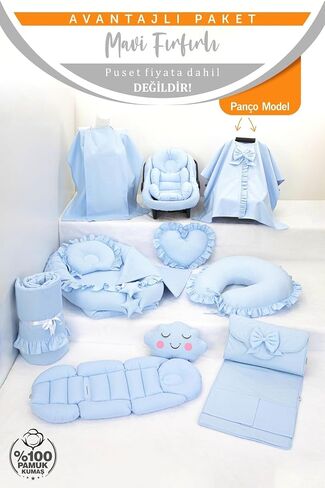 SODEF Nest Set 14 Pieces with Poncho Pram Cover, Nursing Pillow, Changing Pad - Blue Ruffled Heart - 100% Cotton - Blue Ruffled Heart in Kuwait