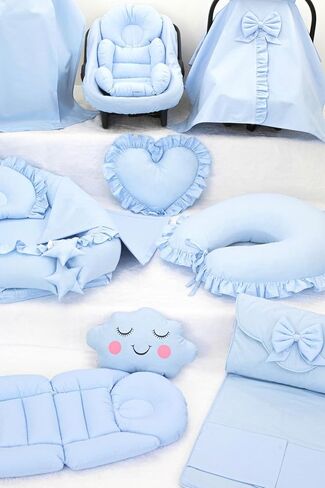 SODEF Nest Set 14 Pieces with Poncho Pram Cover, Nursing Pillow, Changing Pad - Blue Ruffled Heart - 100% Cotton - Blue Ruffled Heart in Kuwait