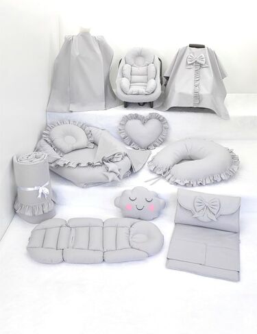 SODEF Nest Set with Pram Cover, Changing Mat, Nursing Pillow, Stroller Cushion - Gray Ruffle Heart - 100% Cotton - Gray Ruffle P in Kuwait