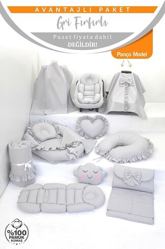 SODEF Nest Set with Pram Cover, Changing Mat, Nursing Pillow, Stroller Cushion - Gray Ruffle Heart - 100% Cotton - Gray Ruffle P in Kuwait