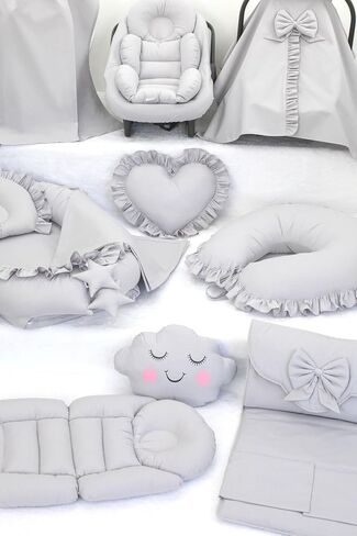 SODEF Nest Set with Pram Cover, Changing Mat, Nursing Pillow, Stroller Cushion - Gray Ruffle Heart - 100% Cotton - Gray Ruffle P in Kuwait
