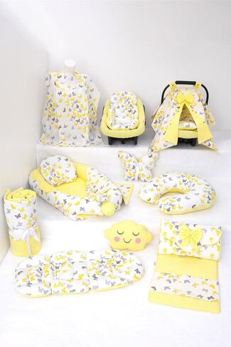SODEF 13-Piece Nest Set - Includes Pram Cover, Changing Mat, Nursing Pillow, Stroller Cushion & More - Yellow Butterfly - 100% Cotton - Yellow Butterfly T in Kuwait