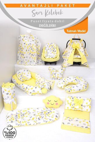 SODEF 13-Piece Nest Set - Includes Pram Cover, Changing Mat, Nursing Pillow, Stroller Cushion & More - Yellow Butterfly - 100% Cotton - Yellow Butterfly T in Kuwait