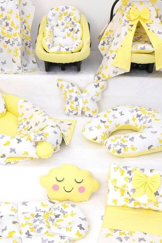 SODEF 13-Piece Nest Set - Includes Pram Cover, Changing Mat, Nursing Pillow, Stroller Cushion & More - Yellow Butterfly - 100% Cotton - Yellow Butterfly T in Kuwait