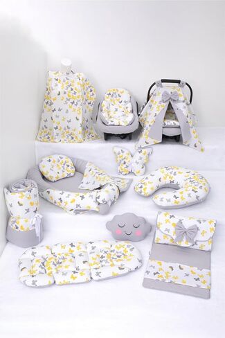 SODEF Nest Set with Stroller Cover | Includes Nursing Pillow, Changing Mat, Star & Cloud Pillows | 100% Cotton | Yellow Butterfly - Sarı Gri Kelebek T in Kuwait