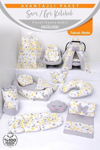 SODEF Nest Set with Stroller Cover | Includes Nursing Pillow, Changing Mat, Star & Cloud Pillows | 100% Cotton | Yellow Butterfly - Sarı Gri Kelebek T in Kuwait