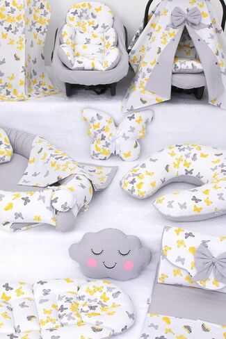SODEF Nest Set with Stroller Cover | Includes Nursing Pillow, Changing Mat, Star & Cloud Pillows | 100% Cotton | Yellow Butterfly - Sarı Gri Kelebek T in Kuwait