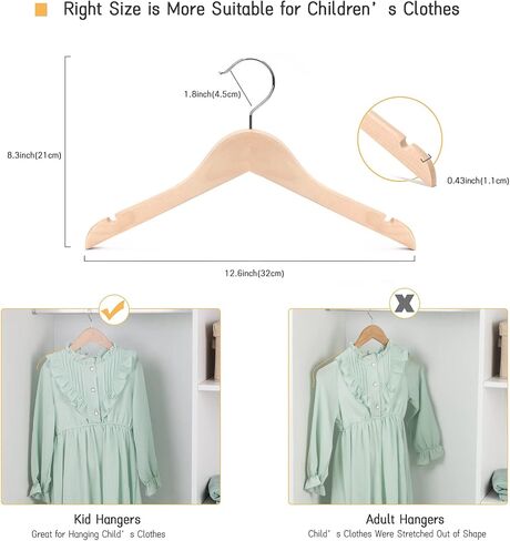 Nature Smile 20 Pack Unfinished/Natural Kids Baby Children Toddler Wooden Shirt Dress Coat Hangers with No Painting - 360°Stronger Anti-Rust Chrome Swivel Hook - Extra Smoothly Cut Notches in Kuwait