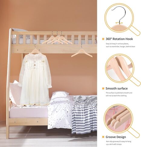 Nature Smile 20 Pack Unfinished/Natural Kids Baby Children Toddler Wooden Shirt Dress Coat Hangers with No Painting - 360°Stronger Anti-Rust Chrome Swivel Hook - Extra Smoothly Cut Notches in Kuwait