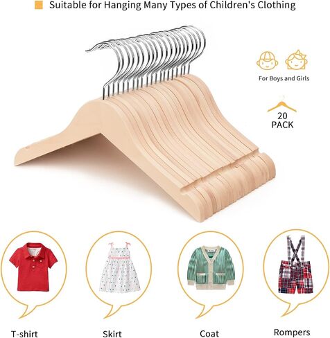 Nature Smile 20 Pack Unfinished/Natural Kids Baby Children Toddler Wooden Shirt Dress Coat Hangers with No Painting - 360°Stronger Anti-Rust Chrome Swivel Hook - Extra Smoothly Cut Notches in Kuwait