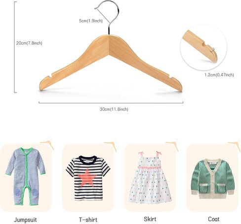 Nature Smile Kids Baby Children Toddler Wooden Shirt Coat Hangers with Notches and Anti-Rust Chrome Hook Pack of 20 (Natural) in Kuwait