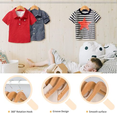 Nature Smile Kids Baby Children Toddler Wooden Shirt Coat Hangers with Notches and Anti-Rust Chrome Hook Pack of 20 (Natural) in Kuwait