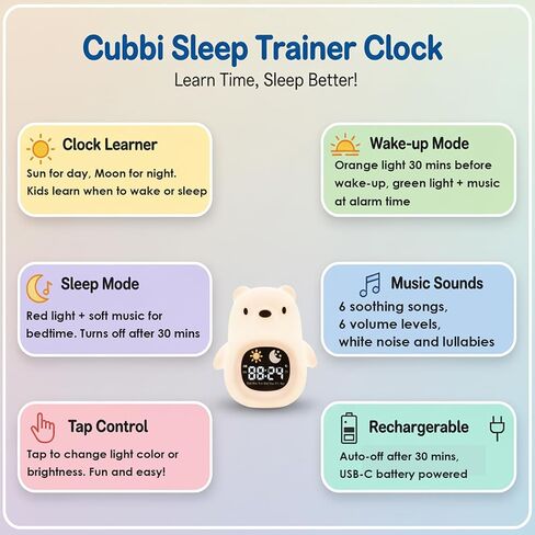 HOME.X Cubbi Sleep Aid Night Light for Toddler Gen.2 - Alarm Clock, Wake-Up Light, Sleep Mode, Music & White Noise Soother, Tap Control Colors, Soft Silicone, Rechargeable in Kuwait