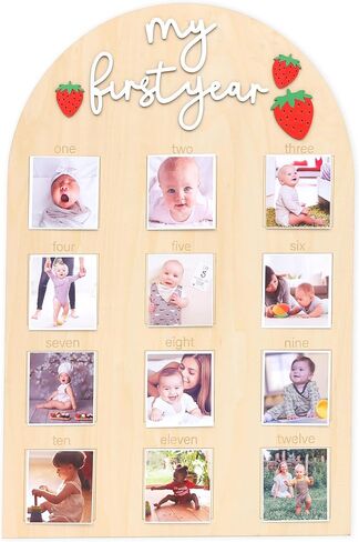 One Year Of Wood Photo Board,Strawberry 1st Birthday Decorations | My First Birthday Monthly Milestone Board Photos,Strawberry One Year Wooden Photo Decor in Kuwait