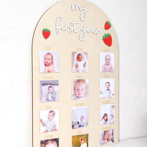 One Year Of Wood Photo Board,Strawberry 1st Birthday Decorations | My First Birthday Monthly Milestone Board Photos,Strawberry One Year Wooden Photo Decor in Kuwait