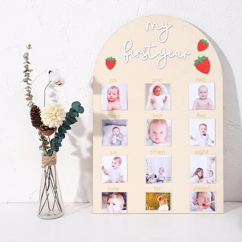 One Year Of Wood Photo Board,Strawberry 1st Birthday Decorations | My First Birthday Monthly Milestone Board Photos,Strawberry One Year Wooden Photo Decor in Kuwait