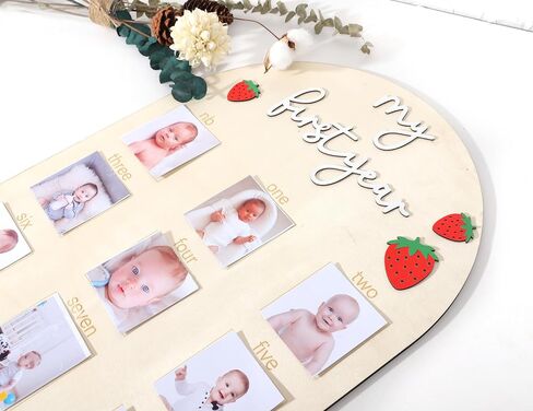 One Year Of Wood Photo Board,Strawberry 1st Birthday Decorations | My First Birthday Monthly Milestone Board Photos,Strawberry One Year Wooden Photo Decor in Kuwait