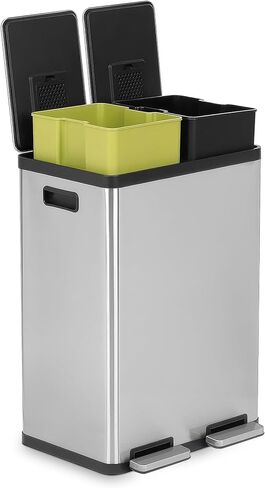 Simpli-Magic 70 Liter / 18.5 Gallon Rectangular Hands-Free Dual Compartment Recycling Kitchen Step Trash Can with Soft-Close Single Lid, Stainless Steel (40L x 30L Capacity), White in Kuwait